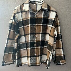 Plaid Button-Front Shacket Jacket - Brown/Black/White
